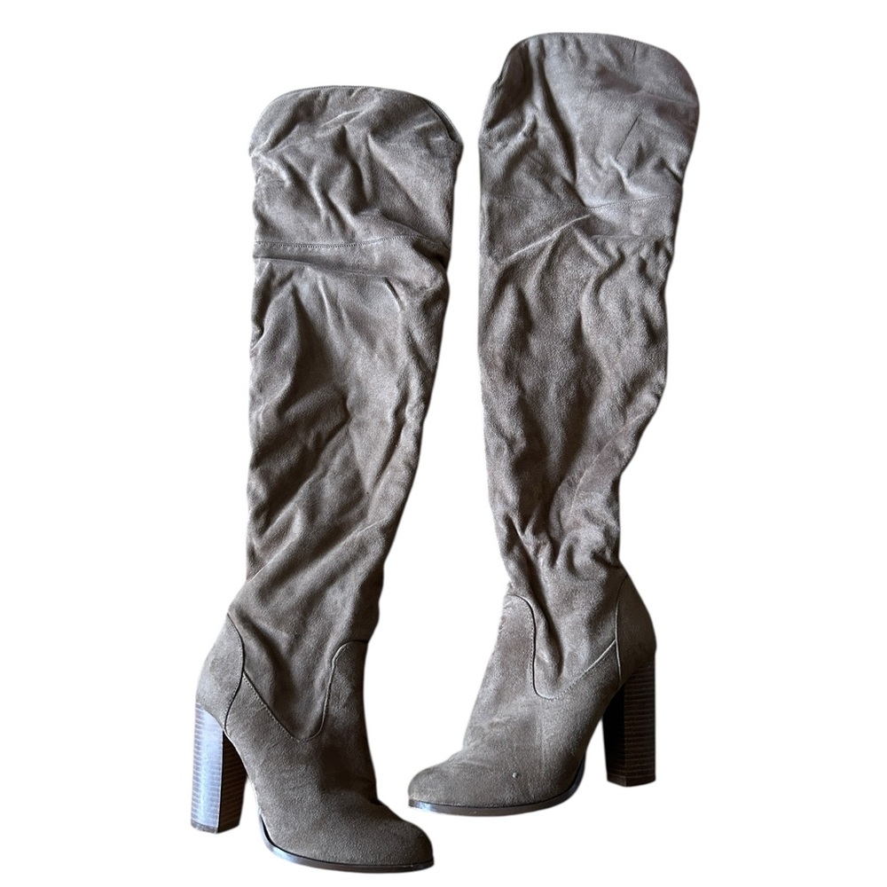 Tan Thigh High Chunky Heel Boots
